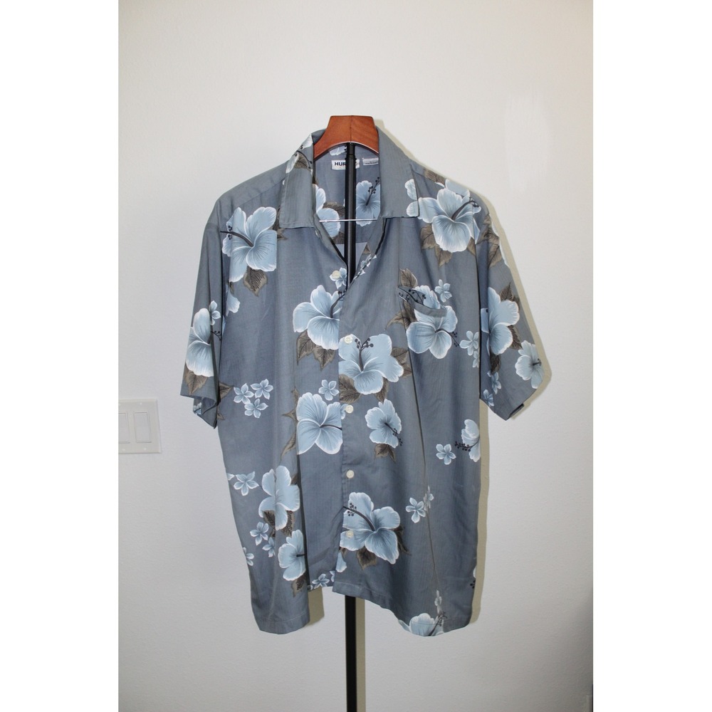 VTG Hurley Men's Hibiscus Floral Hawaiian Shirt Blue Grey Herringbone Large